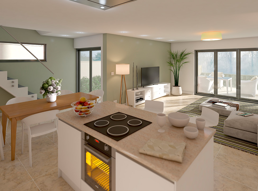 A 3D design of the interior of a kitchen